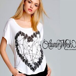 Lauren Moshi Revolve Orchid Heart Audrey Soft S/S T White Violet Gold Size XS